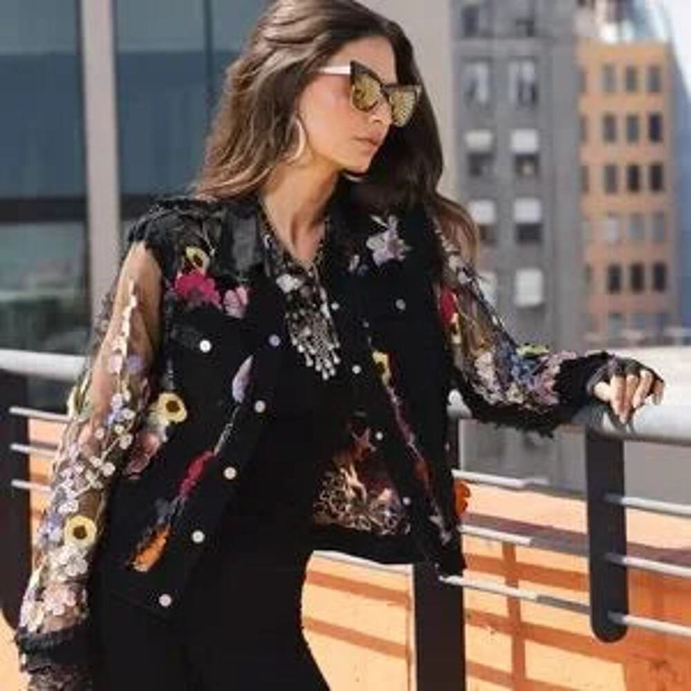 Black Denim and Lace Embroidered Jacket - Picture 5 of 7